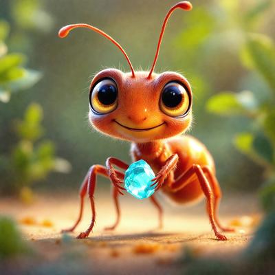 The primary subject of the image is a small, colorful insect, possibly a grasshopper or a beetle, holding a blue gemstone in its hands. The insect is standing on a dirt surface, which serves as the setting for the scene. The visual style of the image is a combination of photo and digital art, creating a unique and vibrant appearance. The colors and mood of the image are lively and cheerful, with the insect's bright colors and the blue gemstone adding a sense of wonder and playfulness to the scene.